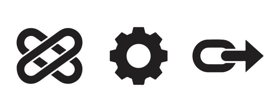 Black chain link and gear icons vector set for engineering and development concepts.