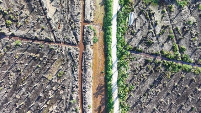 Aerial shot shows a dirt road splitting into two paths through rocky terrain