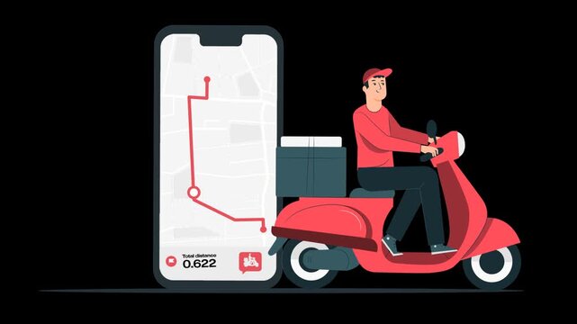 Vector illustration of a fast delivery courier on a red scooter beside a giant smartphone displaying a navigation map route