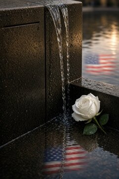 Serene water flows over memorial, reflecting white rose and American flag colors