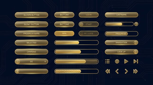 Futuristic Golden User Interface Buttons and Progress Bars Set