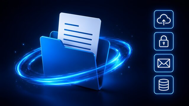 Secure digital folder concept with glowing light rings and database icons for privacy protection and file management