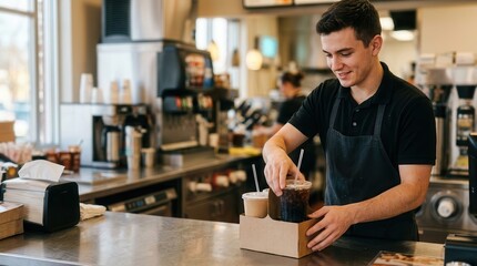Fototapeta premium A Friendly Barista Carefully Packing Iced Coffee Drinks for a Customer