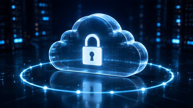 Cloud computing security concept with glowing glass cloud and padlock representing encrypted data storage network