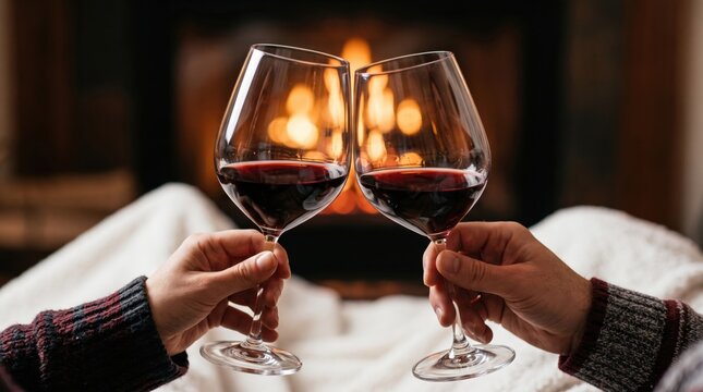 Two people toasting with red wine by a cozy fireplace, representing romance, celebration, togetherness, relaxation, and a warm evening at home