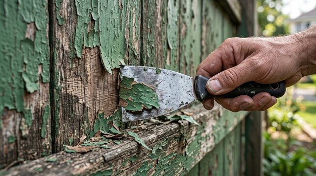 Hand scraping peeling paint from an old wooden fence with a putty knife, representing renovation, restoration, repair, maintenance, DIY and outdoor home improvement