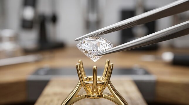 Jewelry ring creation with a diamond being carefully set into a gold ring mount using tweezers, illustrating gemstone setting, craftsmanship and the jewelry industry