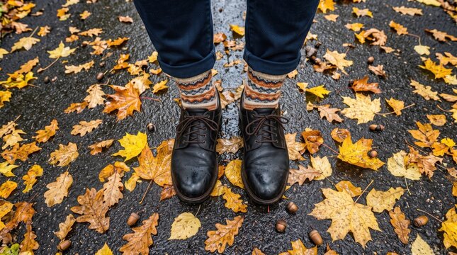 Autumn fashion scene showing leather boots and patterned socks surrounded by colorful fallen leaves, representing fall season, seasonal style and outdoor lifestyle