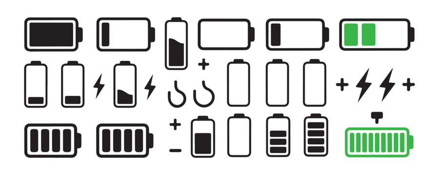Battery charging status indicator icons, showcasing various levels from empty to full power.