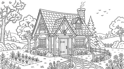 Obraz premium Black and white line art illustration of a cozy countryside cottage and garden for coloring books