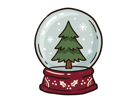 Snow globe with a pine tree inside featuring falling snowflakes and a festive base