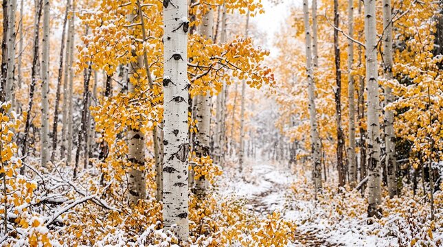 landscape of snowy golden forest 