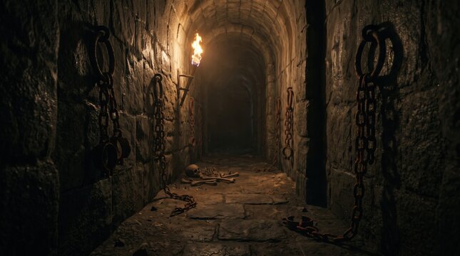 halloween of a dark, oppressive stone dungeon corridor with heavy iron chains hanging from the walls and a single flickering torch illuminating the path, creating a terrifying atmosphere.