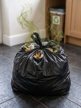 Black garbage bag emitting an unpleasant green odor indoors, representing household waste, bad smell, sanitation, hygiene, disposal and environmental problems