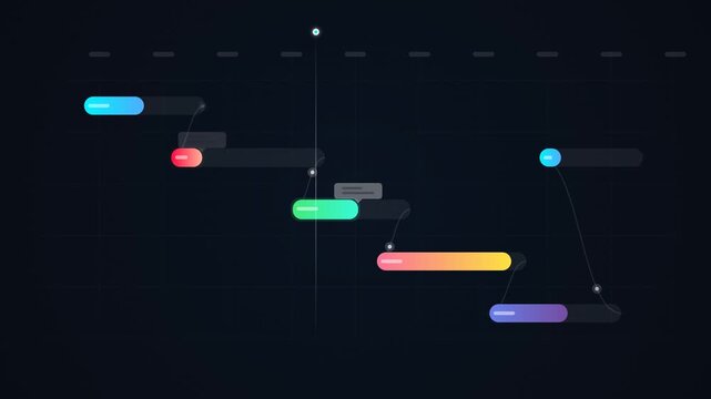 Gantt chart project management timeline featuring colorful progress bars and a moving vertical indicator line on a dark grid background. This clean data visualization graphic is ideal for business 