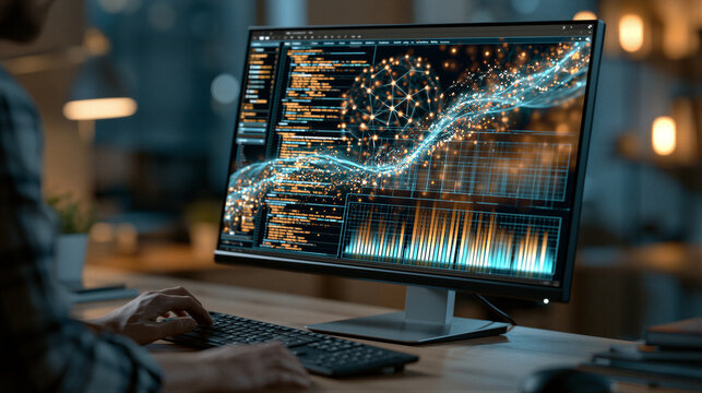 Abstract neural network visualization on a sleek monitor with luminous data streams. Cool blue and warm amber cinematic lighting, right side copy space for tech website or corporate presentations.