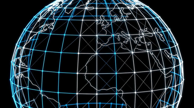 Futuristic digital globe showcasing interconnected geometric network lines symbolizing global connectivity and advanced technology in a modern context