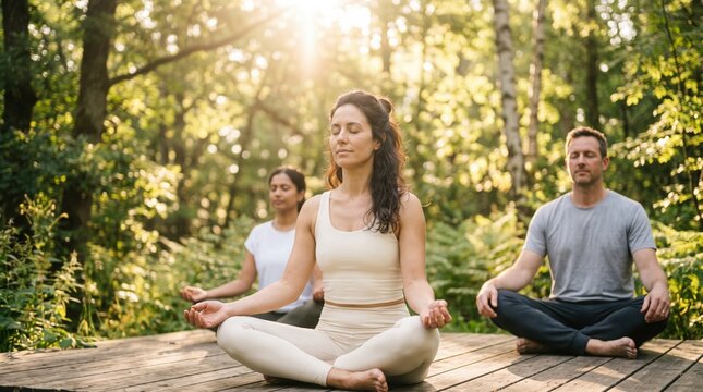 Small Group of Friends Meditating Together Outdoors in Warm Morning Sunlight