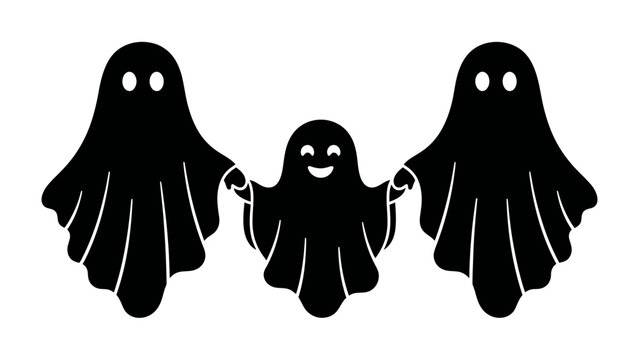 Three Silhouetted Ghosts Holding Hands: A cheerful, medium-sized ghost is held between two larger, shadowy figures, all connected hand-in-hand in a playful, spooky illustration perfect for Halloween.