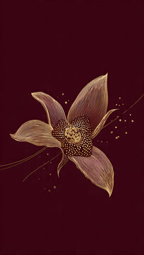 Minimalist vector illustration of rafflesia arnoldii flower with gold accent on dark burgundy background 