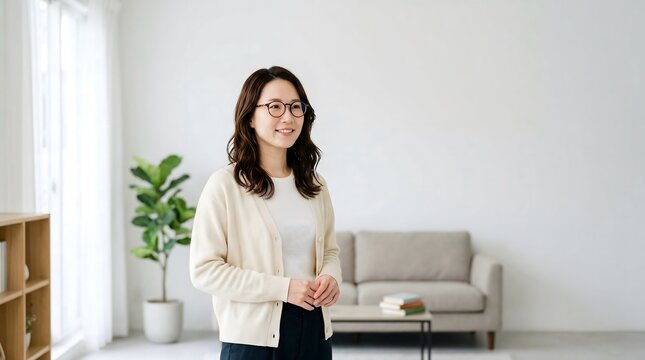 Smiling Asian woman wearing glasses standing in modern living room