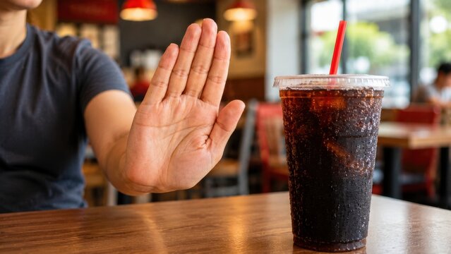 Person refusing cola drink in plastic cup, sugary beverage rejection, healthy hydration choice.