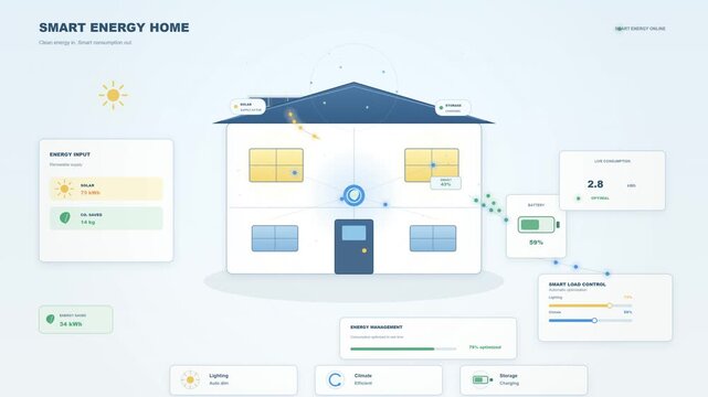 animated digital infographic displaying a smart energy home system with live data panels for solar power input, battery storage, and load control.