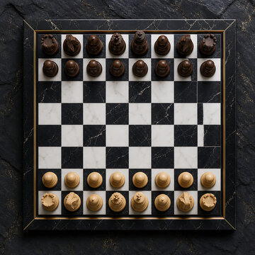 Top-down view of a marble chessboard with wooden pieces set up for a new game.