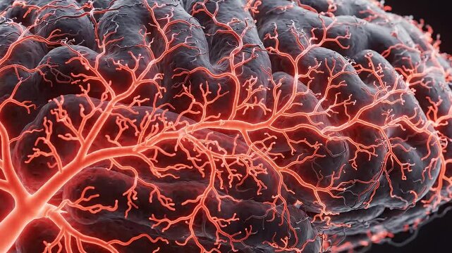 Abstract 3D Visualization of Human Brain Neural Network and Blood Vessel System.