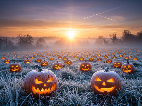 Halloween jack o lanterns glowing in a frosty field at sunrise with a misty background for spooky autumn seasonal holiday festive decoration landscape