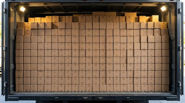 Stacked brown cardboard shipping boxes inside a delivery truck trailer