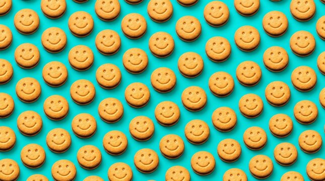 Numerous smiley face cookies arranged in a repeating pattern on a teal background.