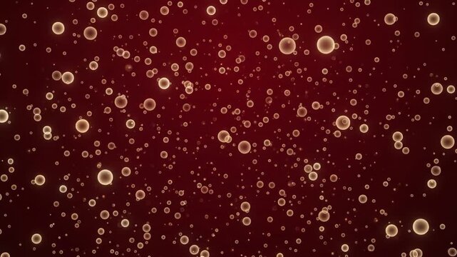 深紅の空間にシャンパンゴールドの量子ドット光粒子が拡散し漂うCG映像