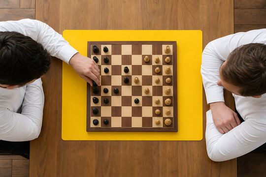 Top-down view of a chess board game strategy on a yellow surface, black and white pattern