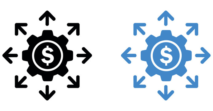 Financial distribution, budget allocation, and money flow gear with dollar sign and outward arrows icon set vector illustration