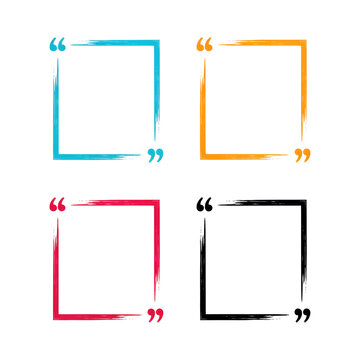 Set of four grunge square quote frames with quotation marks in blue, orange, pink, and black colors.