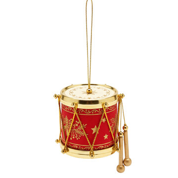 Isolated Red Christmas Drum Ornament with Golden Details