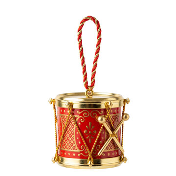 Isolated Red Christmas Drum Ornament with Golden Details