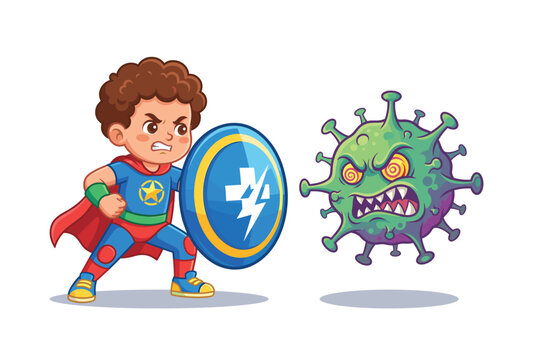 Cartoon superhero boy fighting cartoon virus with shield and lightning bolt