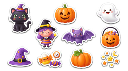 Obraz premium Cute Halloween Sticker Set with Pumpkin Witch Cat Ghost