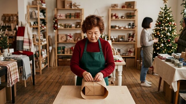 Senior Asian woman wrapping Christmas gifts in a cozy festive shop