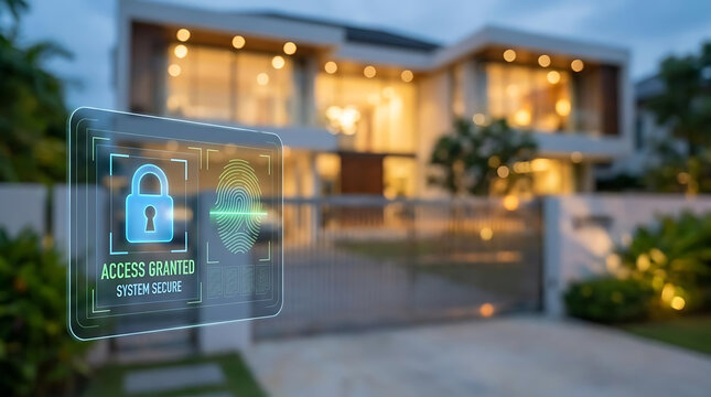Contemporary smart home equipped with cutting edge security features highlighting digital access management and sophisticated surveillance technology in an upscale environment
