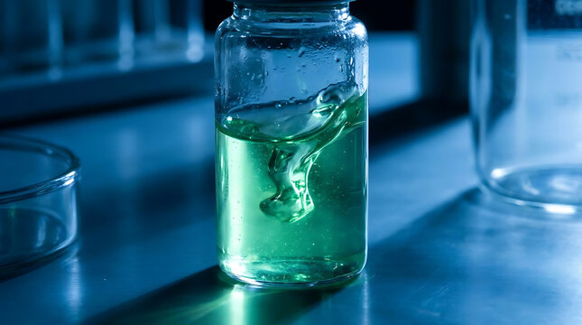 Detailed view of a laboratory flask containing vibrant green liquid with a translucent gelatinous material suspended within it set against a softly illuminated background