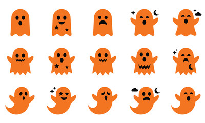 Fototapeta premium Set of cute orange ghost characters with various funny facial expressions for halloween holiday design and digital stickers