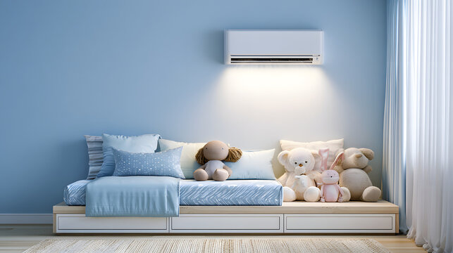The cozy blue bedroom, where a wall-mounted split air conditioner distributes cool air, is furnished with stuffed toys