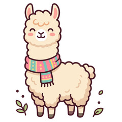 Naklejka premium Cute Cartoon Alpaca Wearing a Colorful Striped Winter Scarf Illustration
