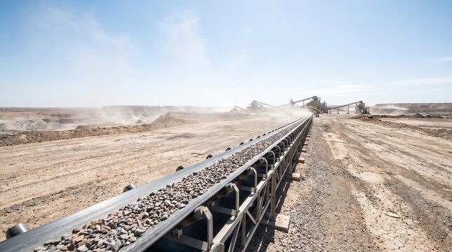 Conveyor Belt Transporting Crushed Stones at Open Pit Mining Site