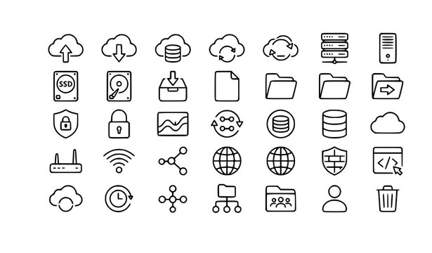 Cloud File Management Outline Icons Vector Collection