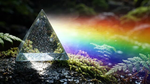 Glass prism refracting sunlight into a rainbow spectrum on a mossy forest floor, natural science concept