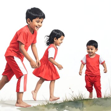 Three happy South Asian children running together in a watercolor illustration.